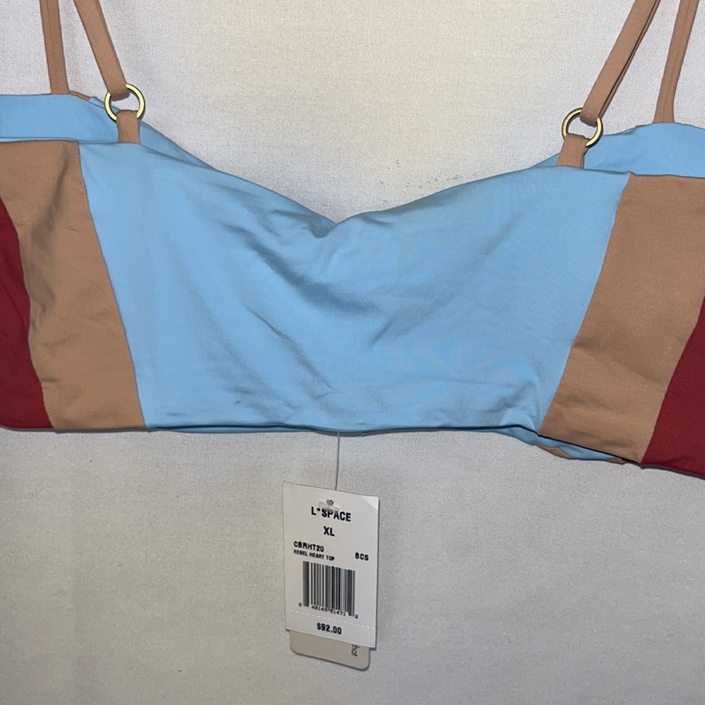 L*SPACE Rebel Heart Bikini Top in Brick, Champagne & Sky Blue Sz XL - Picture 7 of 9